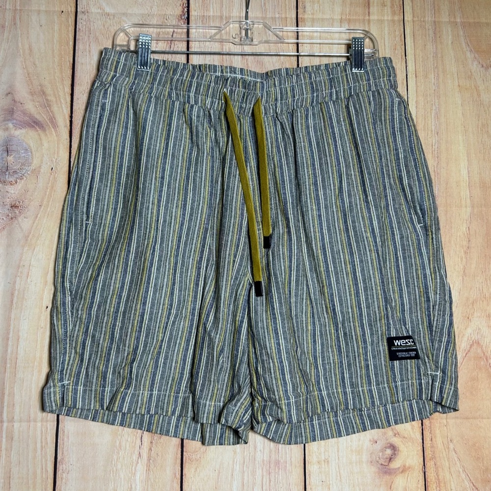 WESC Striped Linen Blend Shorts Trunk Men L Blue Grey Elastic Waist Coastal Gorp